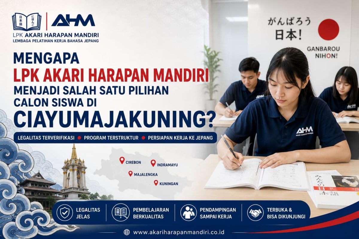 Suasana pembelajaran bahasa Jepang di LPK Akari Harapan Mandiri, Cirebon, sebagai persiapan kerja ke Jepang bagi calon siswa dari wilayah Ciayumajakuning.